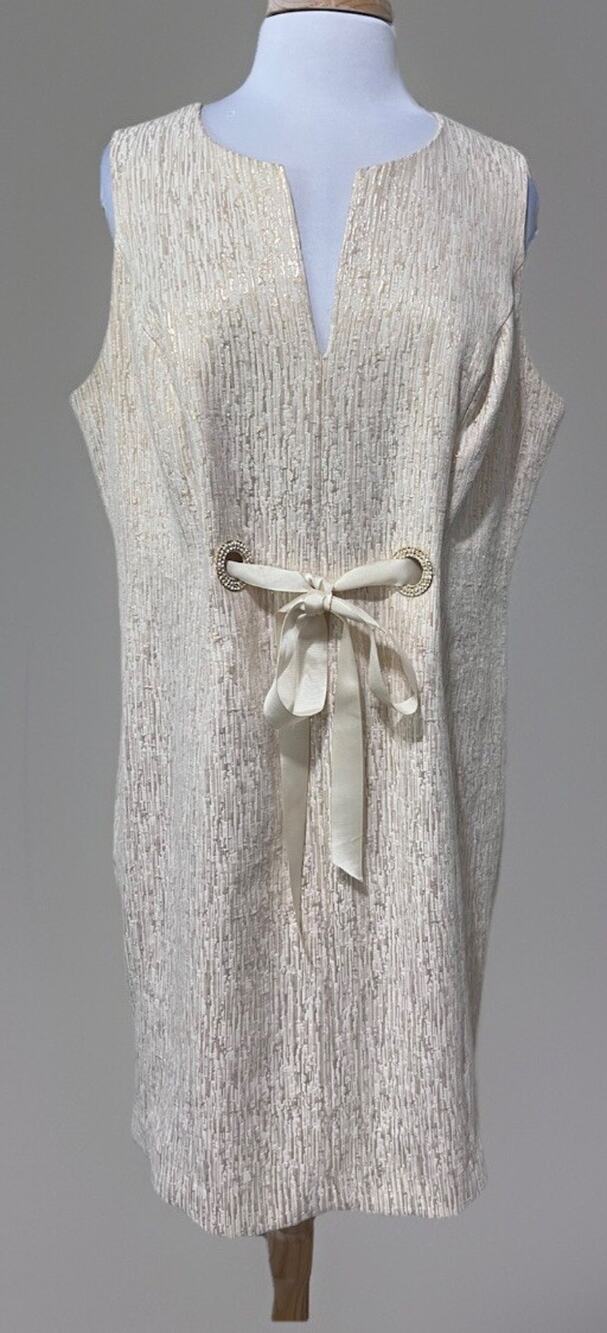 R & M Richards Formal Dress Elegant Ivory Gold Ribbon Crystal Grommets 18W
